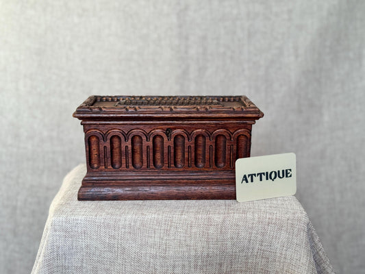 Antique Carved Wooden Jewelry Chest | Gothic Revival Trinket Box with Key