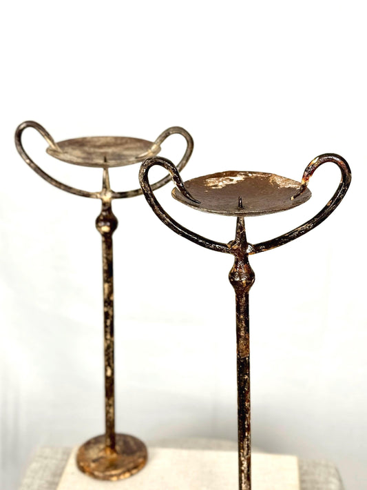 Hand-Forged Wrought Iron Candle Holder Pair