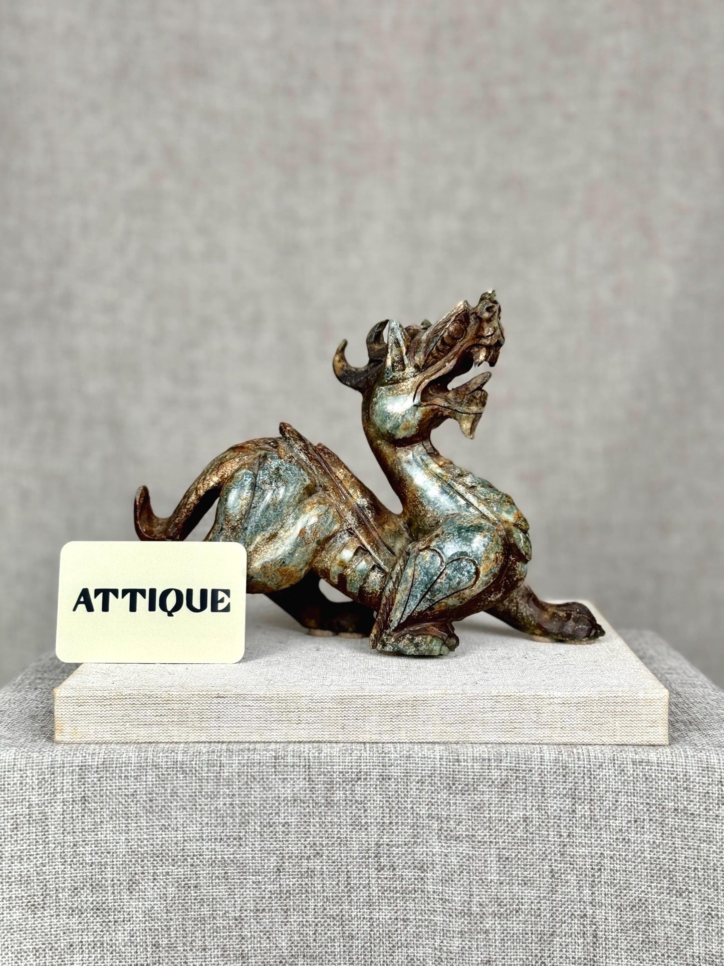 Chinese Dragon Sculpture | Serpentine Stone Dragon Carving | Vintage Asian Dragon Figurine