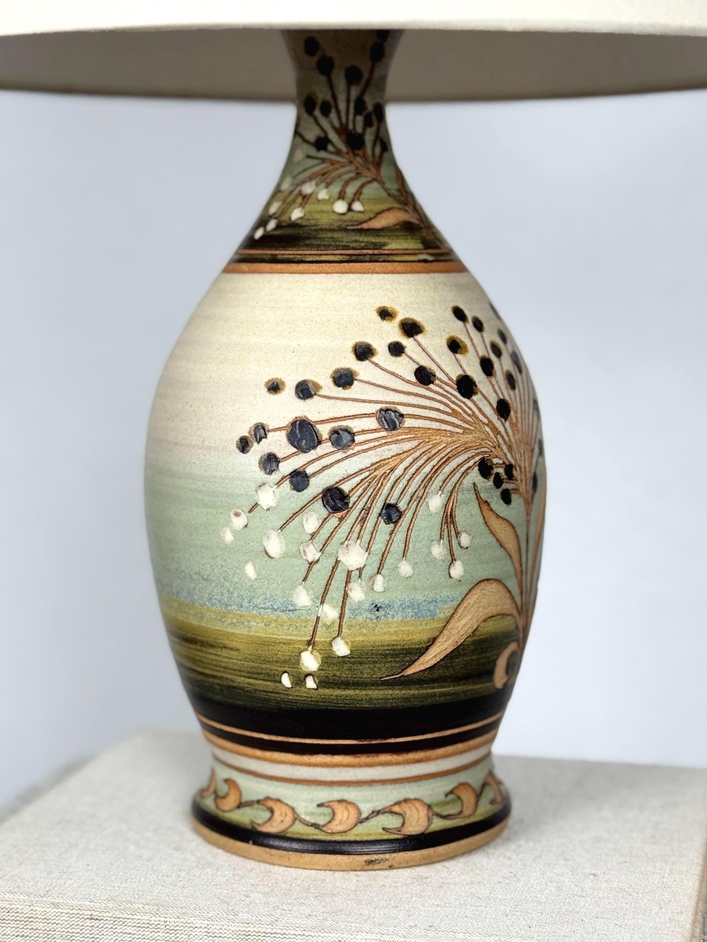 Mid Century Ceramic Table Lamp | Vintage Hand Painted Botanical Lamp | Studio Pottery Lamp