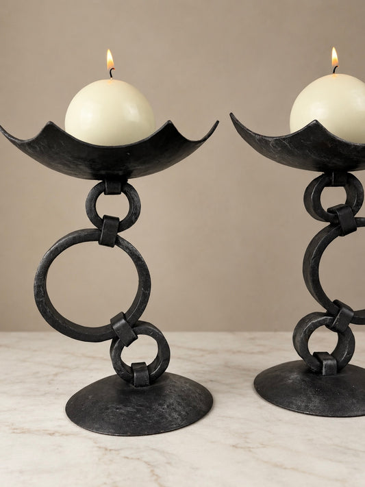 Pair of French Brutalist Wrought Iron Candlesticks
