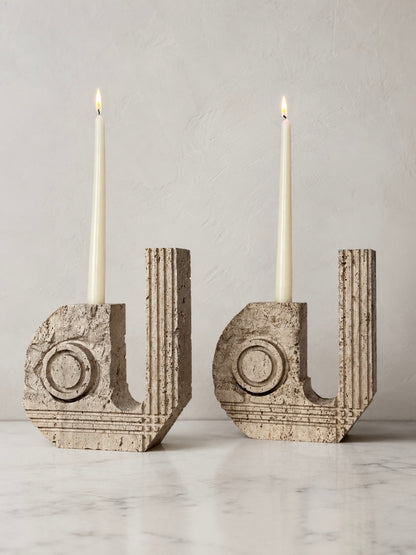 Pair of Italian Travertine Postmodern Candle Holders