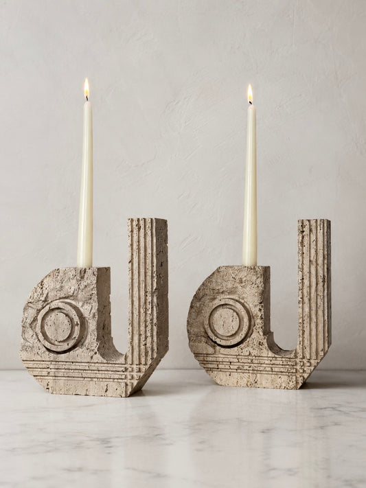 Pair of Italian Travertine Postmodern Candle Holders