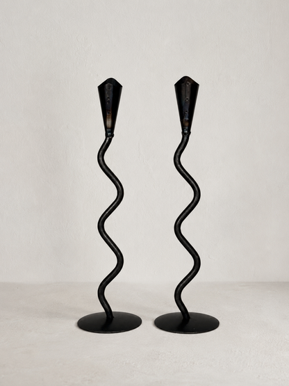 Pair of Hand Forged Iron Wavy Candlesticks
