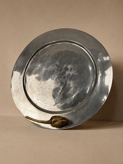 Vintage pewter tray with brass botanical detail