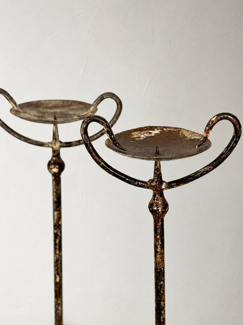 Hand-Forged Wrought Iron Candle Stands Pair