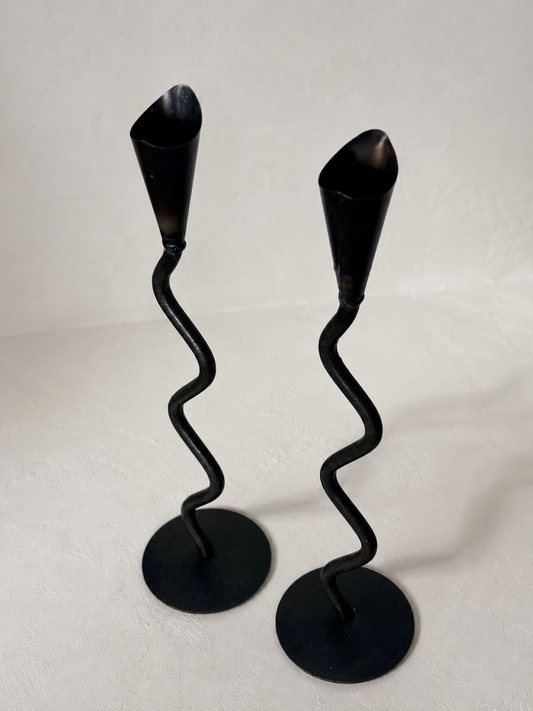 Pair of Hand Forged Iron Wavy Candlesticks