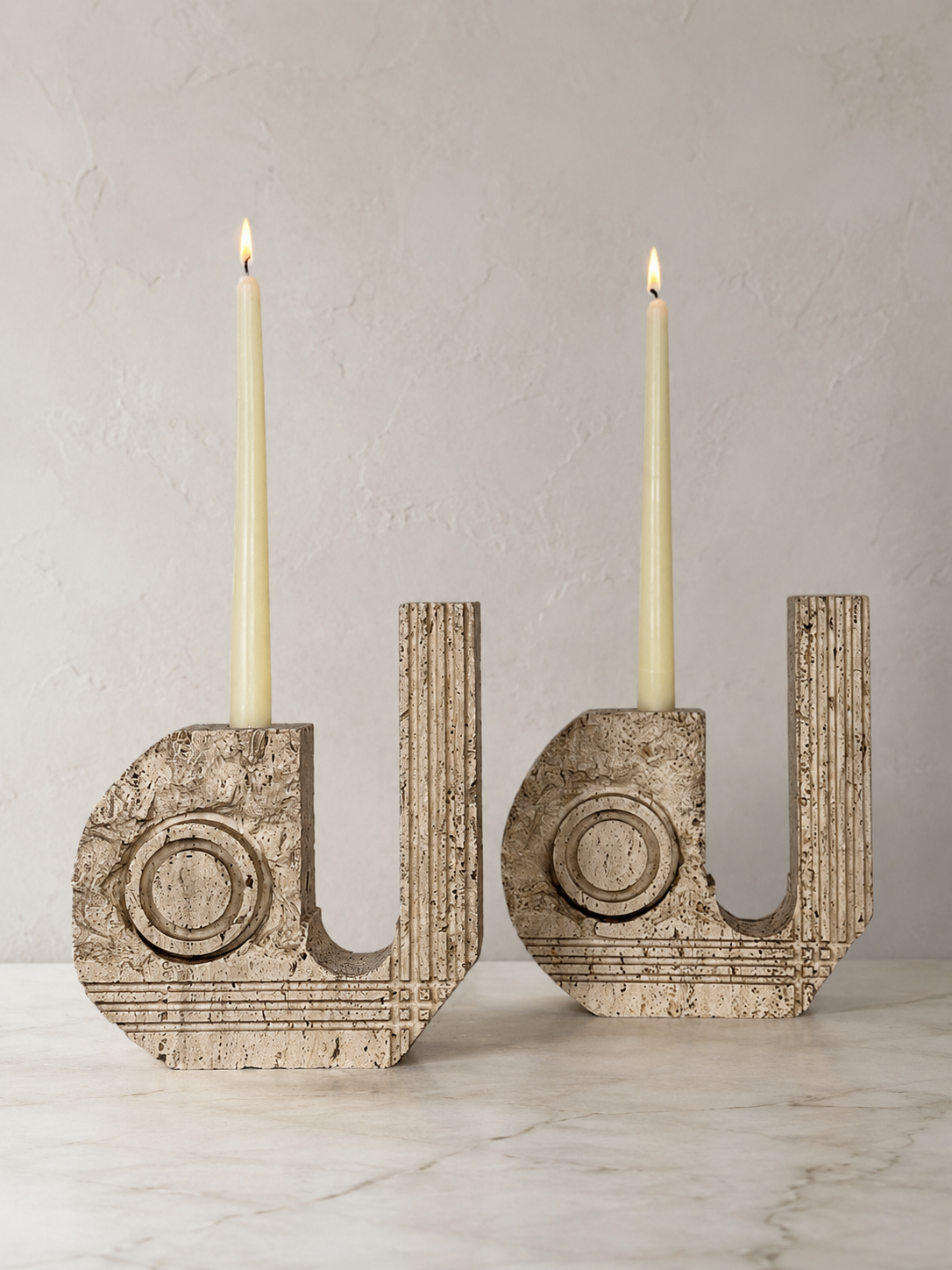 Pair of Italian Travertine Postmodern Candle Holders