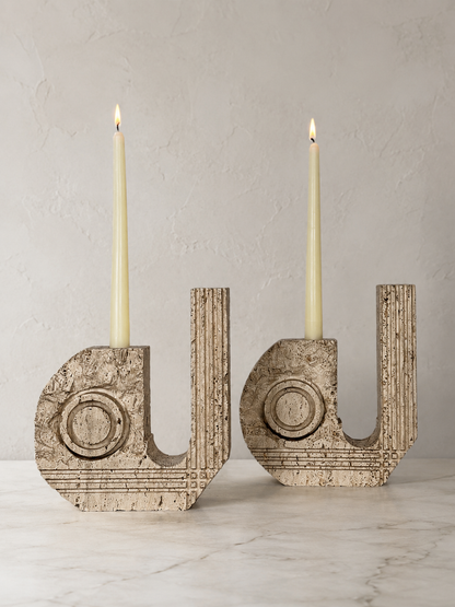 Pair of Italian Travertine Postmodern Candle Holders