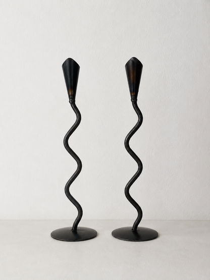Pair of Hand Forged Iron Wavy Candlesticks