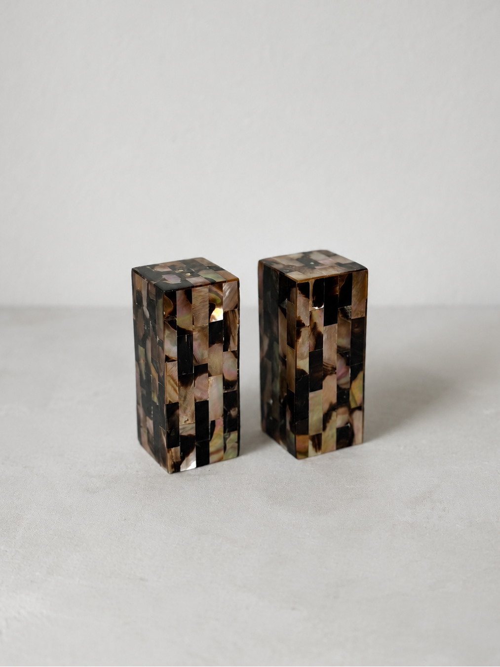 Pair of mother of pearl salt and pepper shakers with mosaic shell inlay