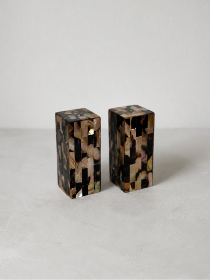 Pair of mother of pearl salt and pepper shakers with mosaic shell inlay