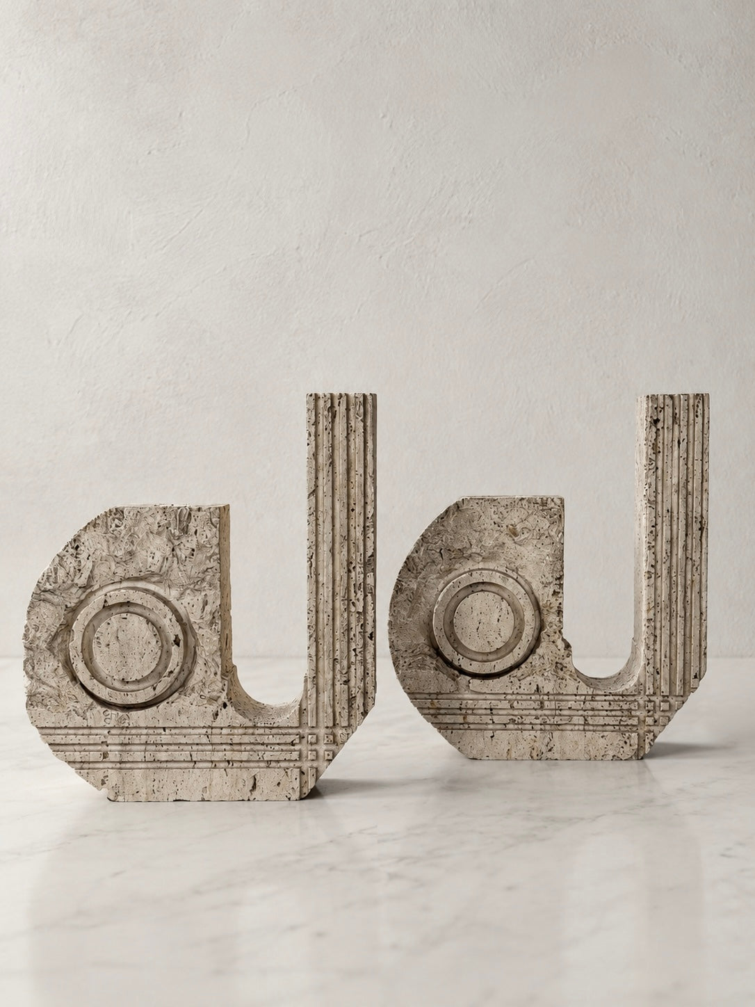 Pair of Italian Travertine Postmodern Candle Holders