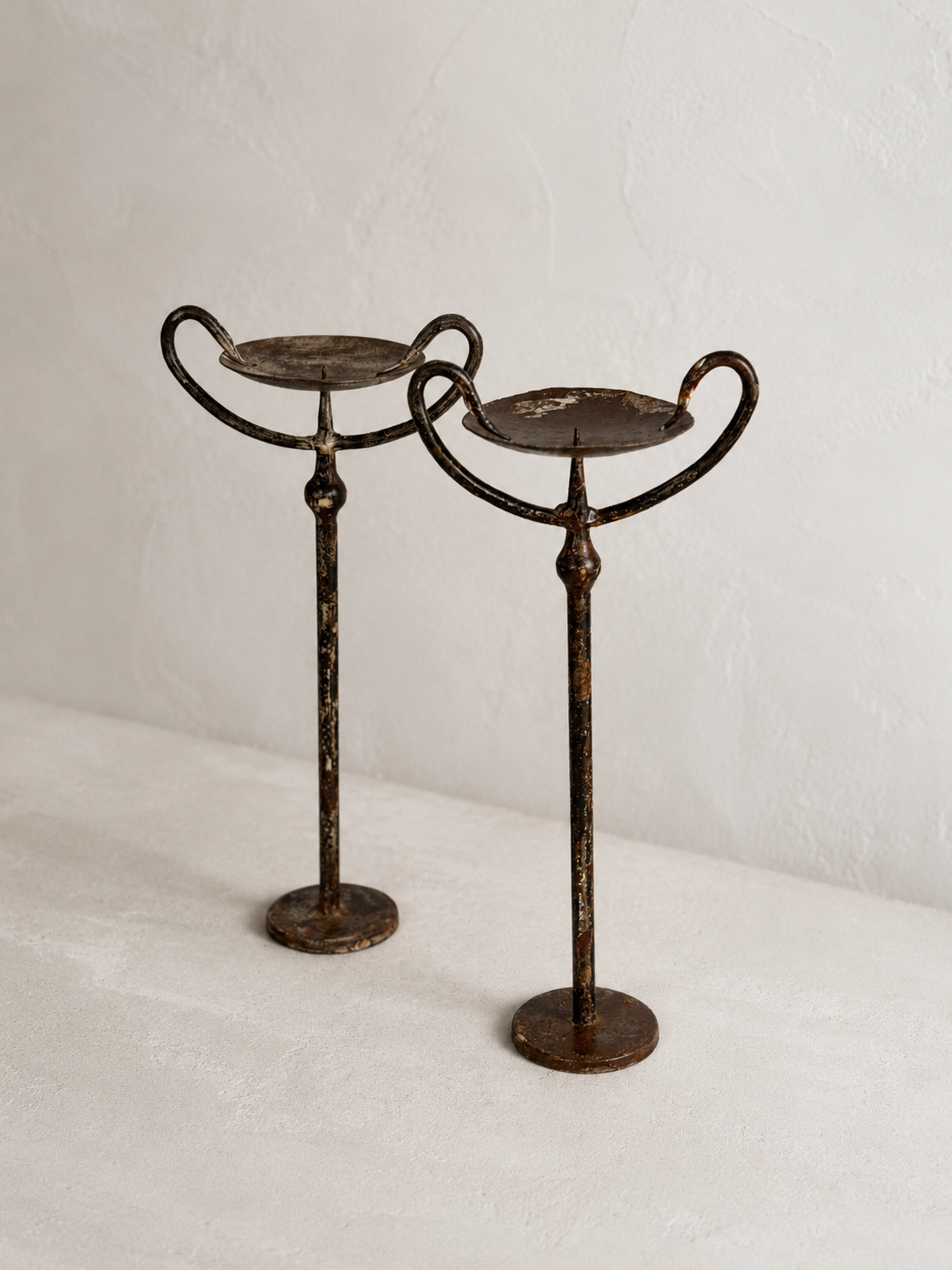 Hand-Forged Wrought Iron Candle Stands Pair