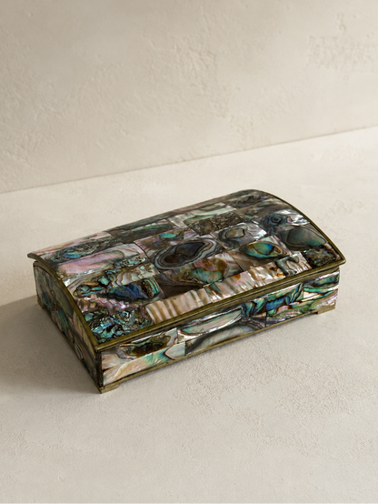 Alpaca silver lidded box with iridescent natural abalone shell panels and curved lid.