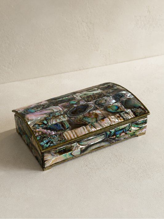 Alpaca silver lidded box with iridescent natural abalone shell panels and curved lid.