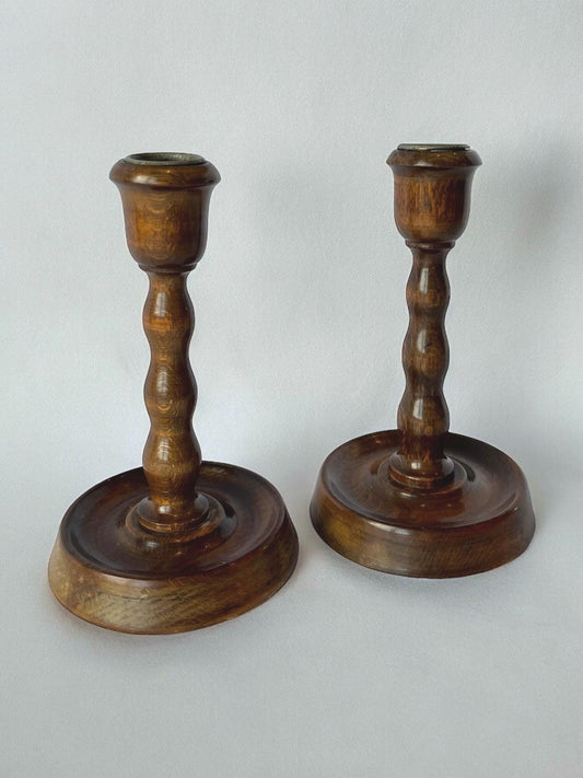 Bobbin Wood Candlesticks Pair, 1960s