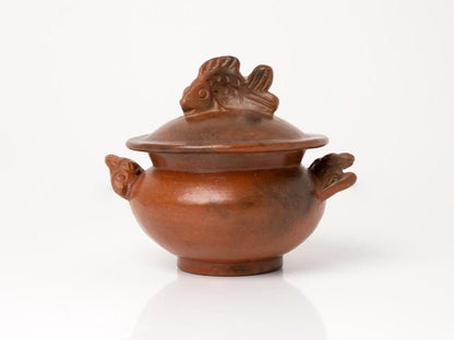 Indonesian Sasak pottery lidded ceramic pot with animal handles