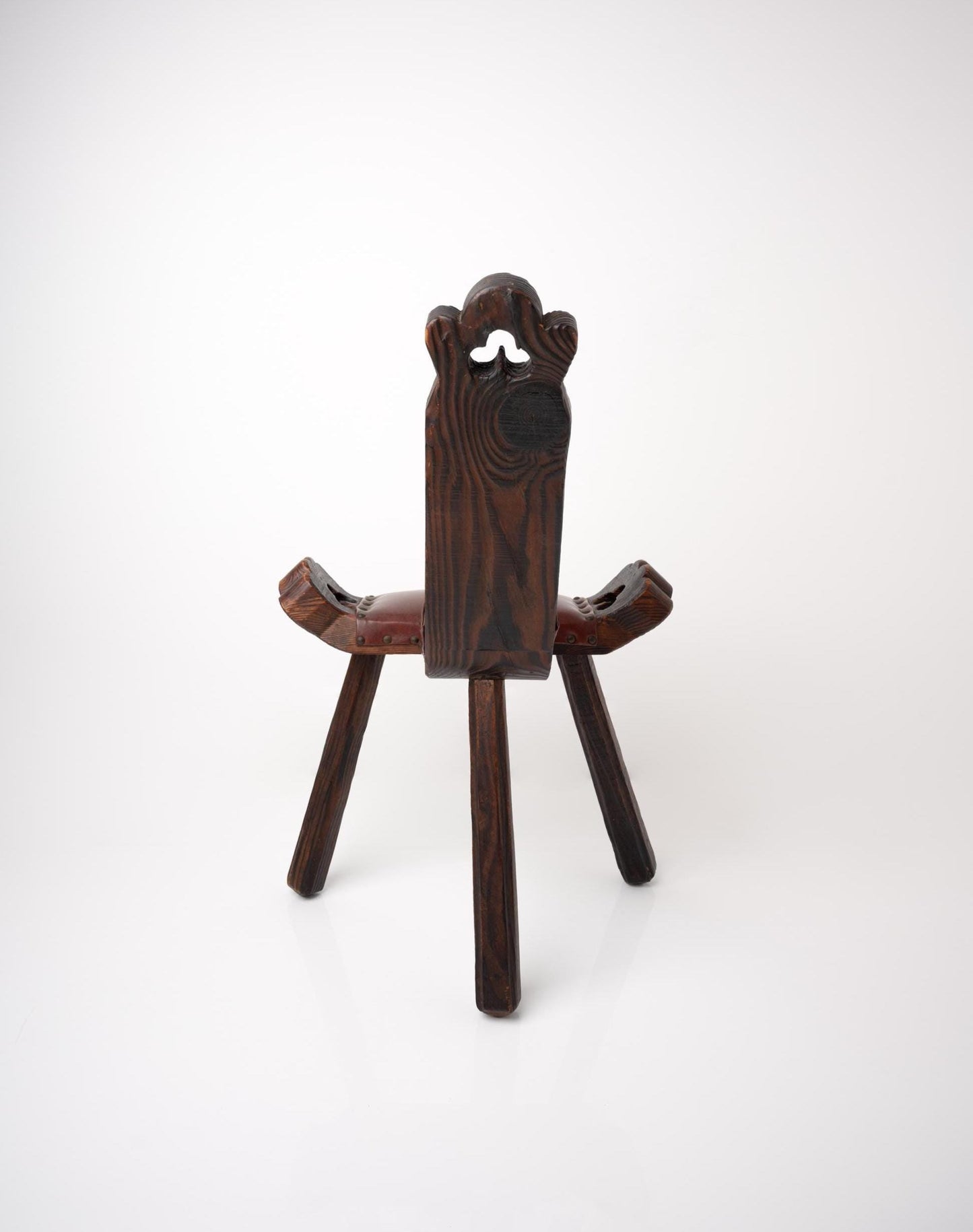 Vintage Spanish Brutalist Birthing Chair: Hand-Carved Wood & Leather