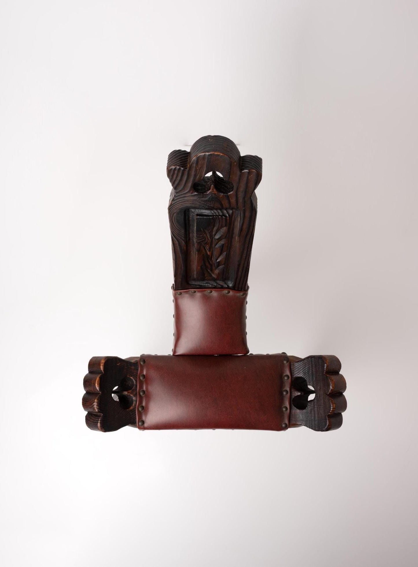 Vintage Spanish Brutalist Birthing Chair: Hand-Carved Wood & Leather