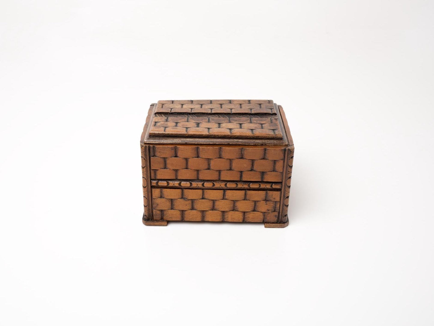 Vintage Woven Pattern Wooden Trinket Box | Hand-Carved Keepsake Storage