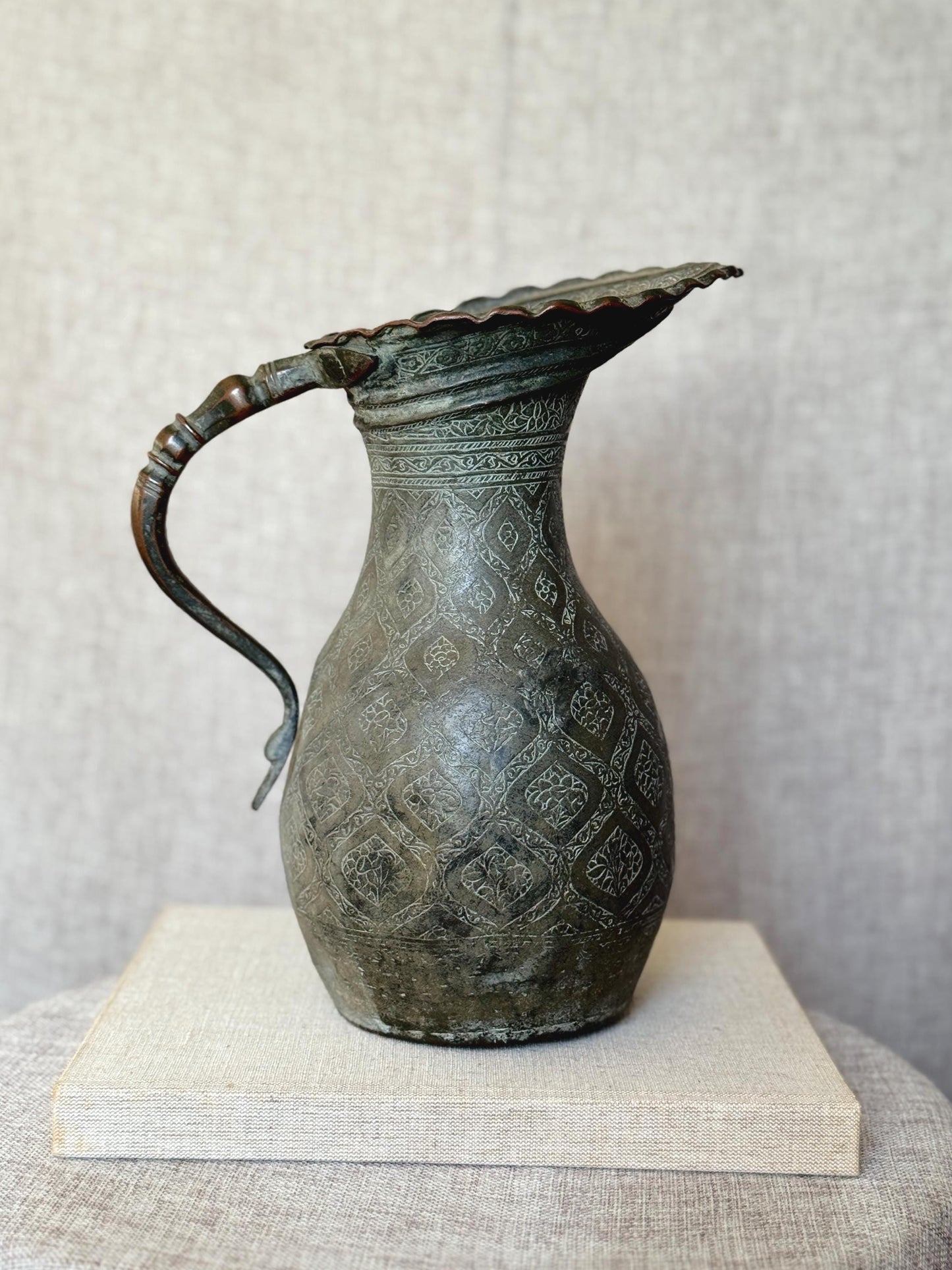 Antique Middle Eastern Etched Metal Ewer | Hand Engraved Pitcher | Ornate 19th Century Jug