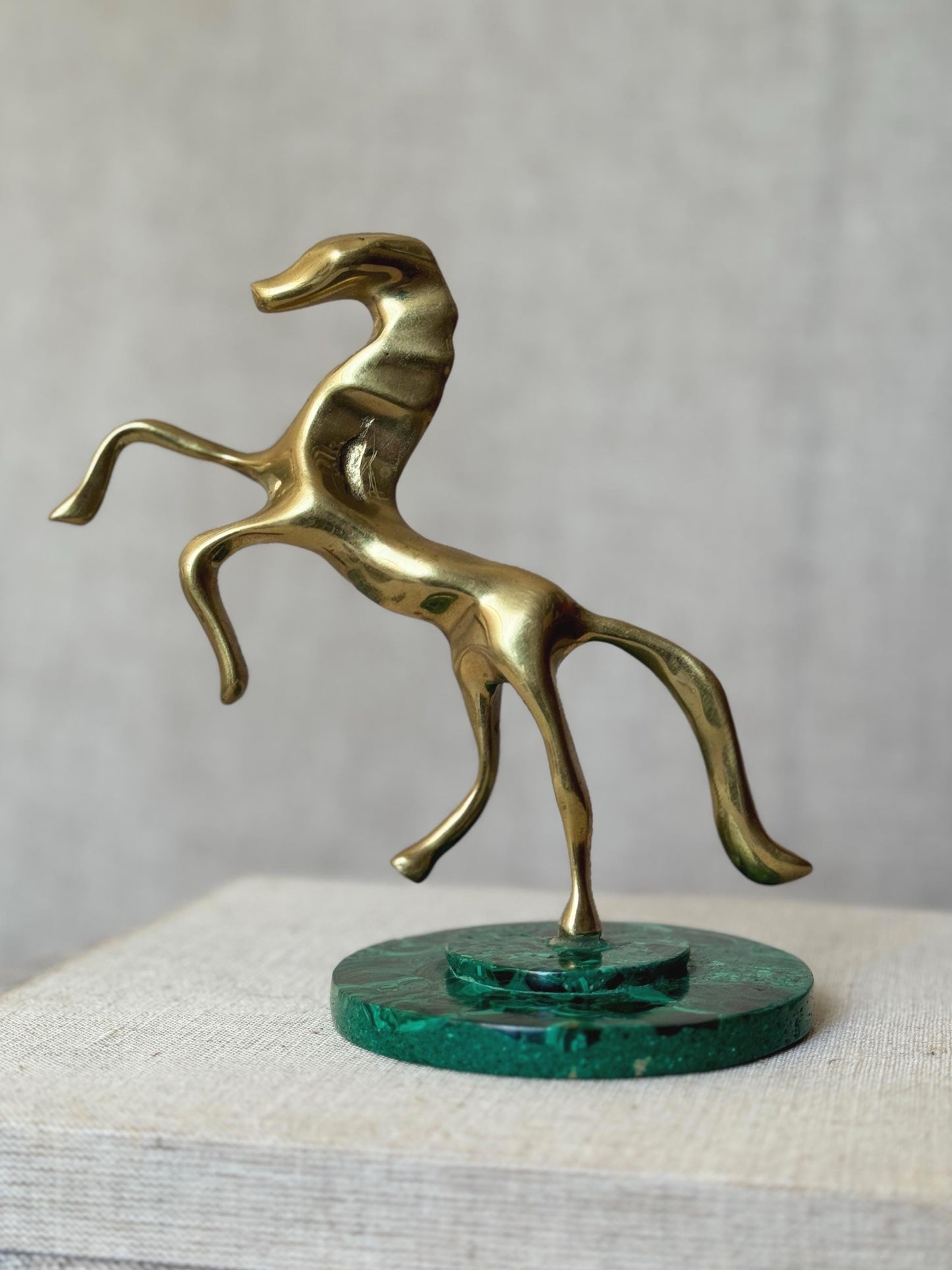 Vintage Brass Horse Sculpture | Modernist Figurine on Malachite Base