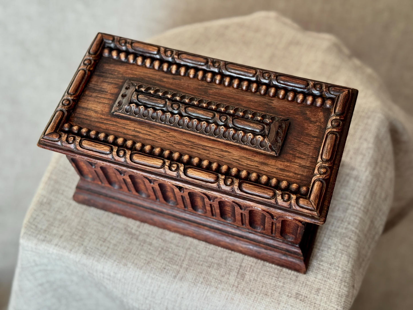 Antique Carved Wood Chest with Key