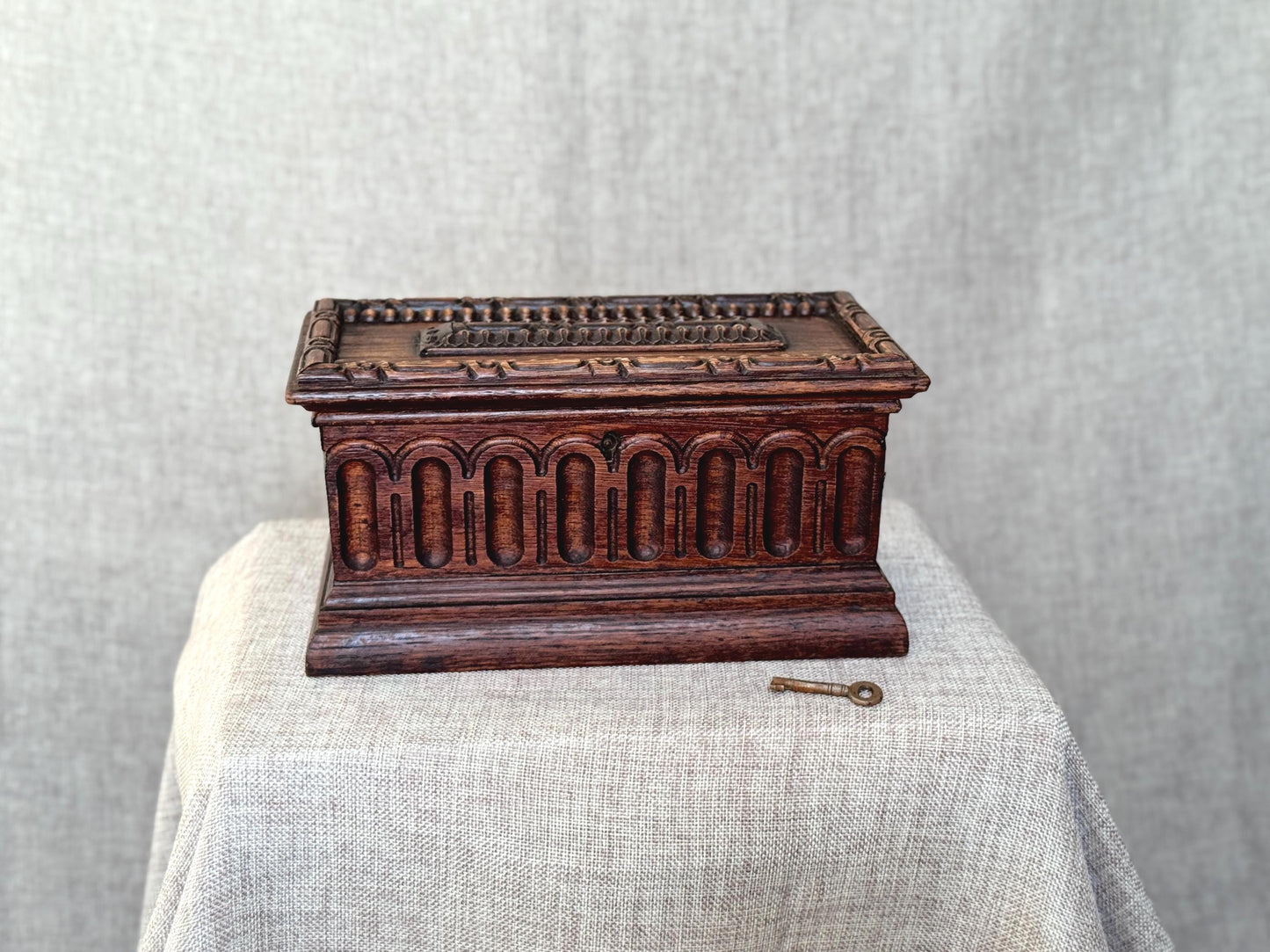Antique Carved Wood Chest with Key