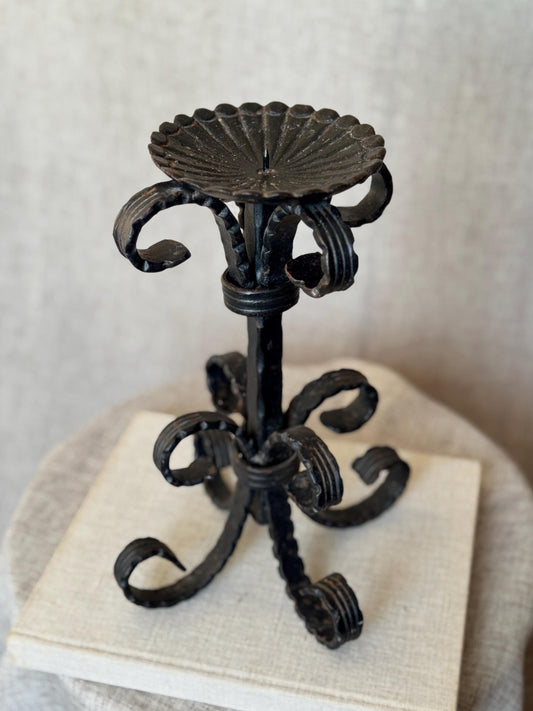 French Wrought Iron Candlestick | Vintage Ornate Black Metal