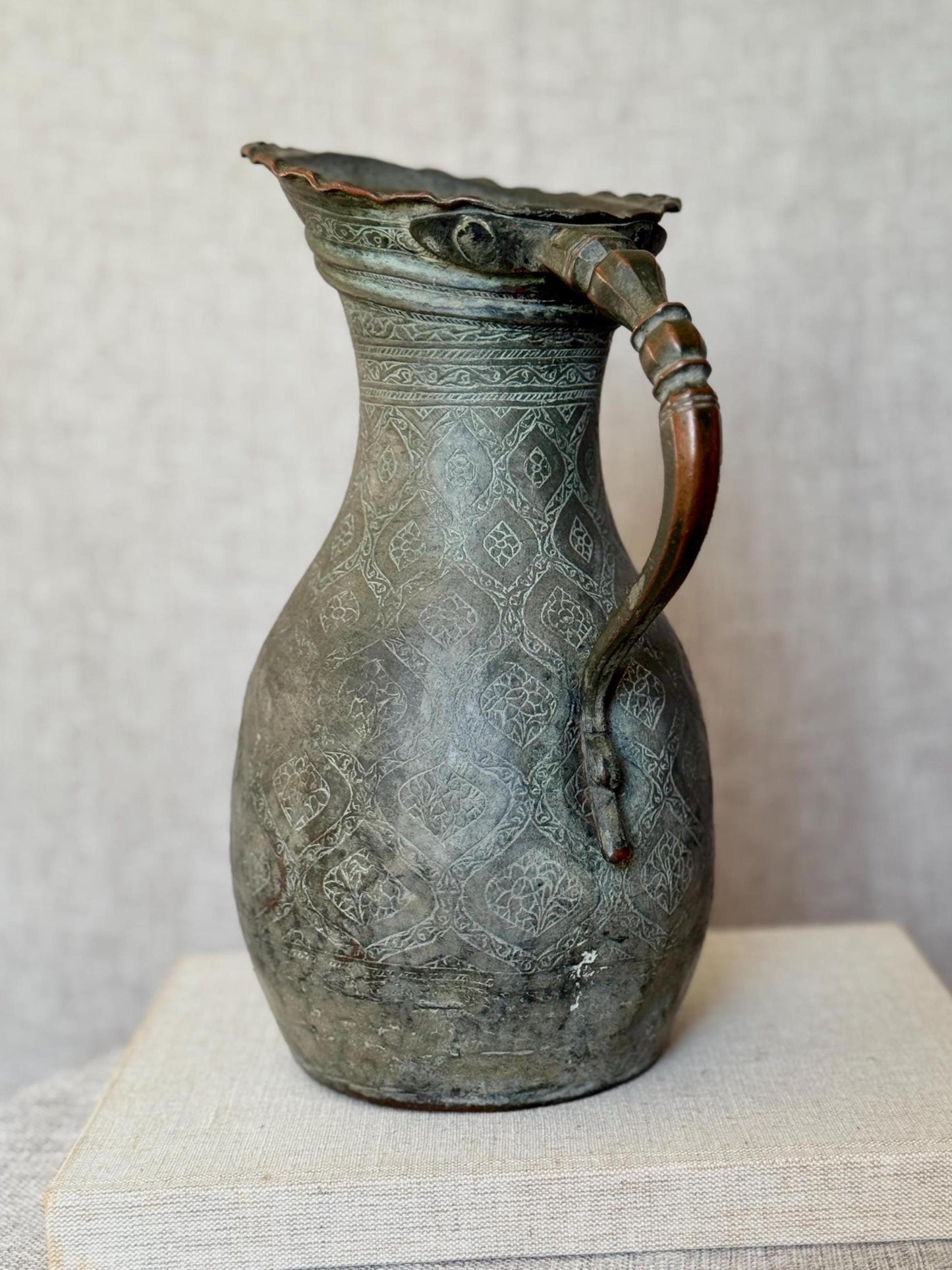 Antique Middle Eastern Etched Metal Ewer | Hand Engraved Pitcher | Ornate 19th Century Jug