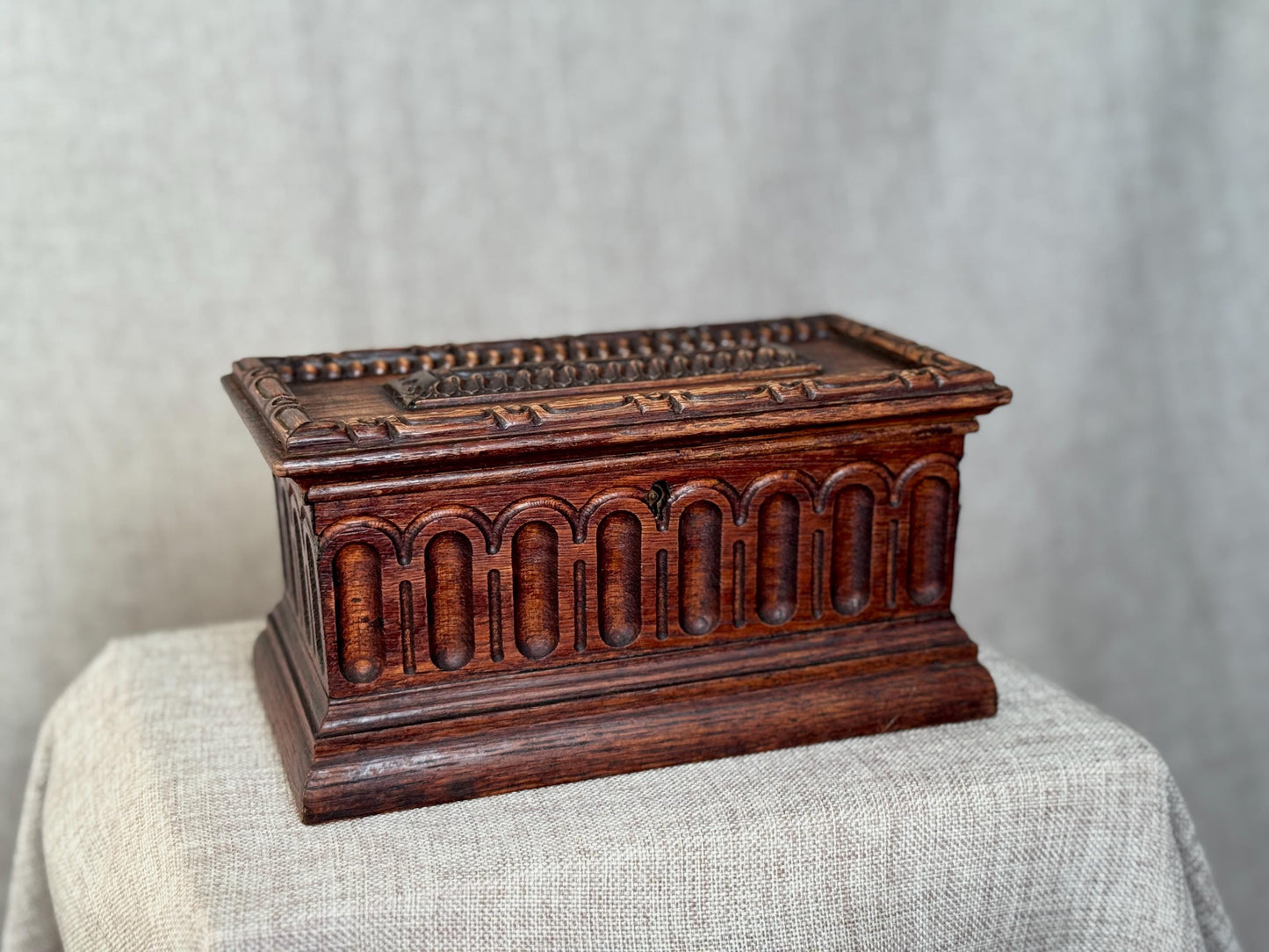 Antique Carved Wood Chest with Key