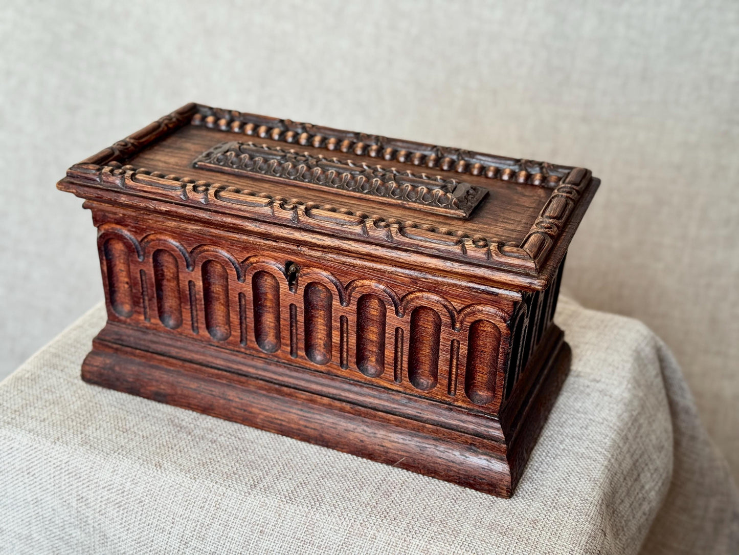 Antique Carved Wood Chest with Key
