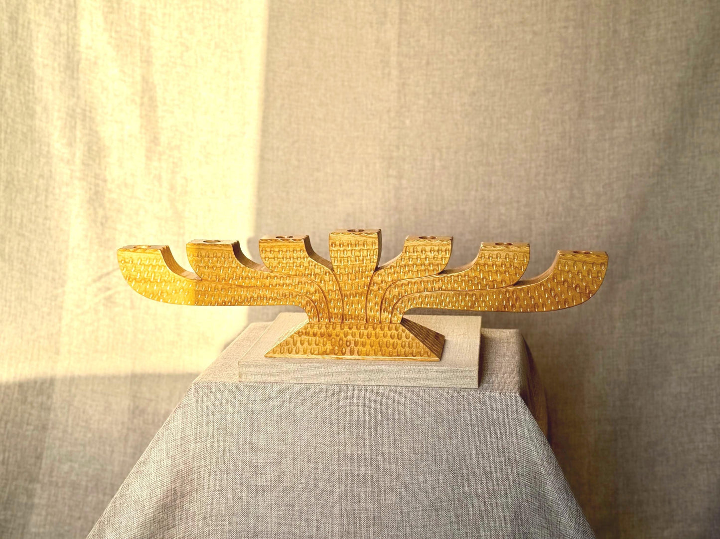 Scandinavian Wooden Menorah | Mid Century Nordic Candelabra | Chip-Carved Folk Art Candle Holder