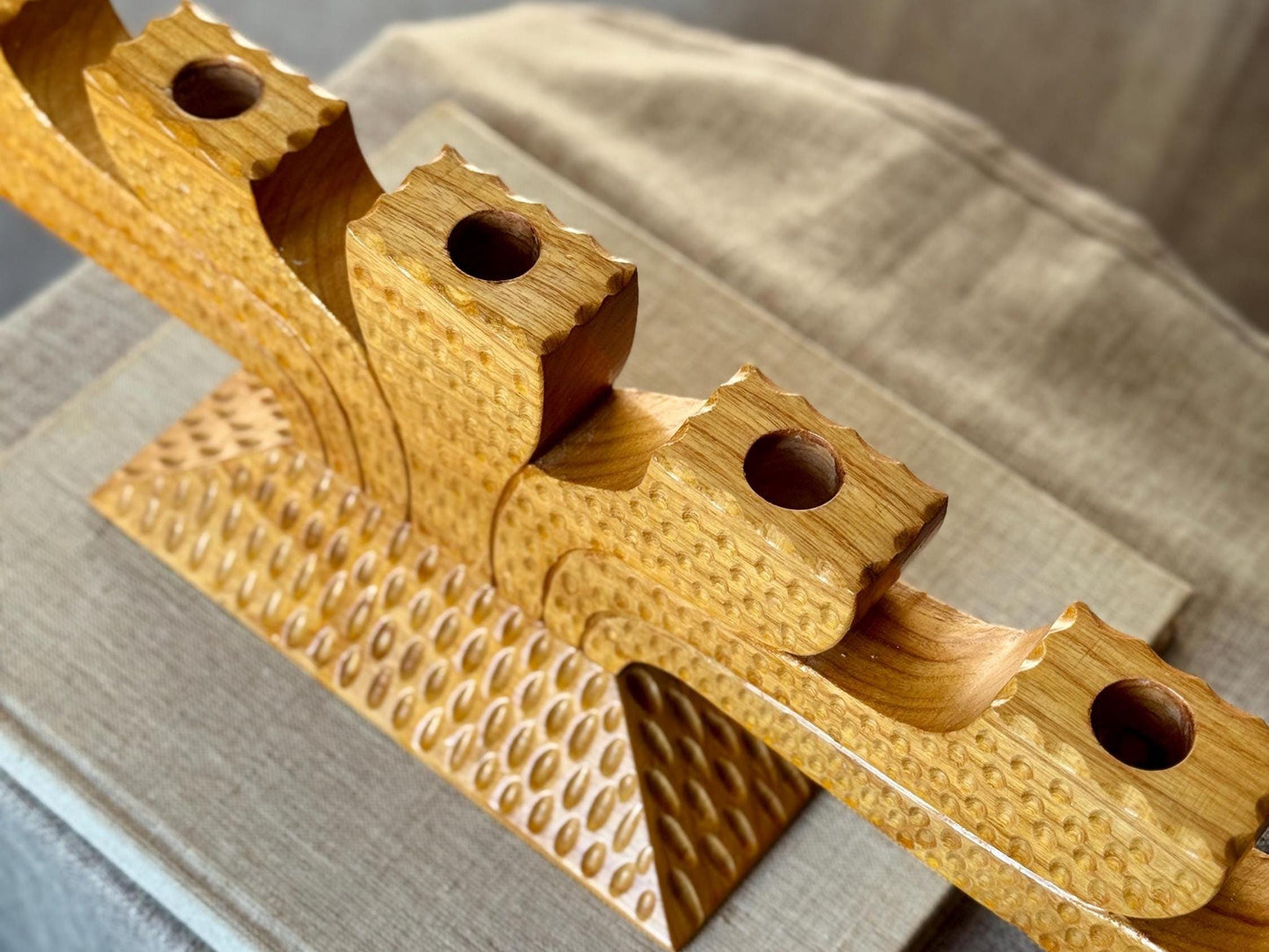 Scandinavian Wooden Menorah | Mid Century Nordic Candelabra | Chip-Carved Folk Art Candle Holder