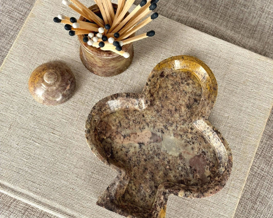 Vintage Granite Clover Tray Set | Lidded Stone Pot, Vanity Decor