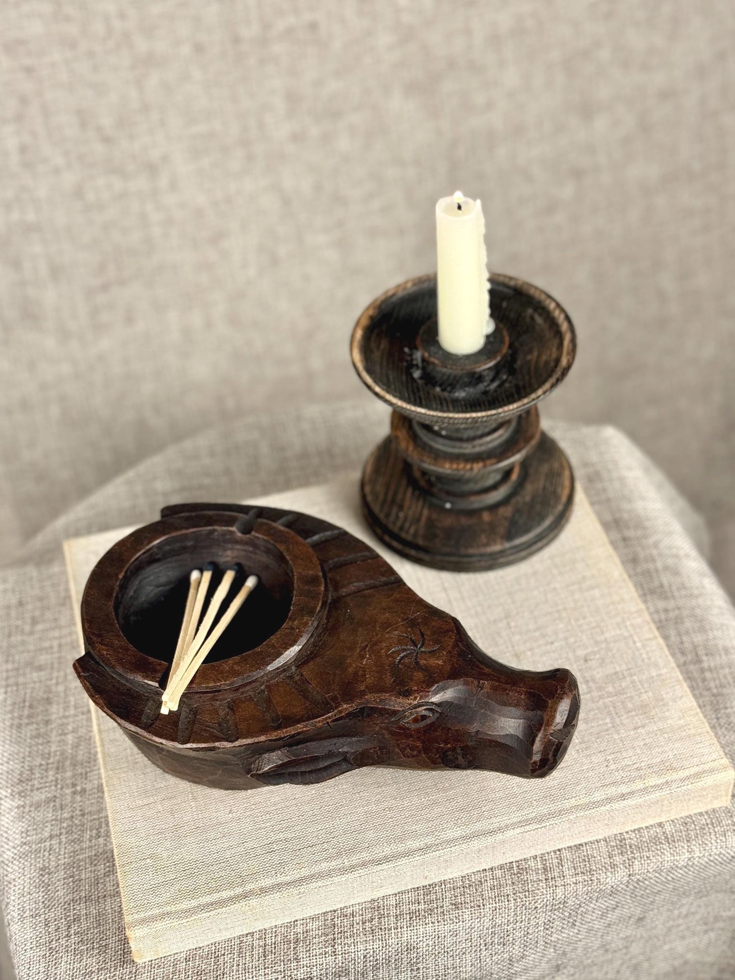 Vintage Carved Wood Bull Ashtray | Mid Century Modern Catchall