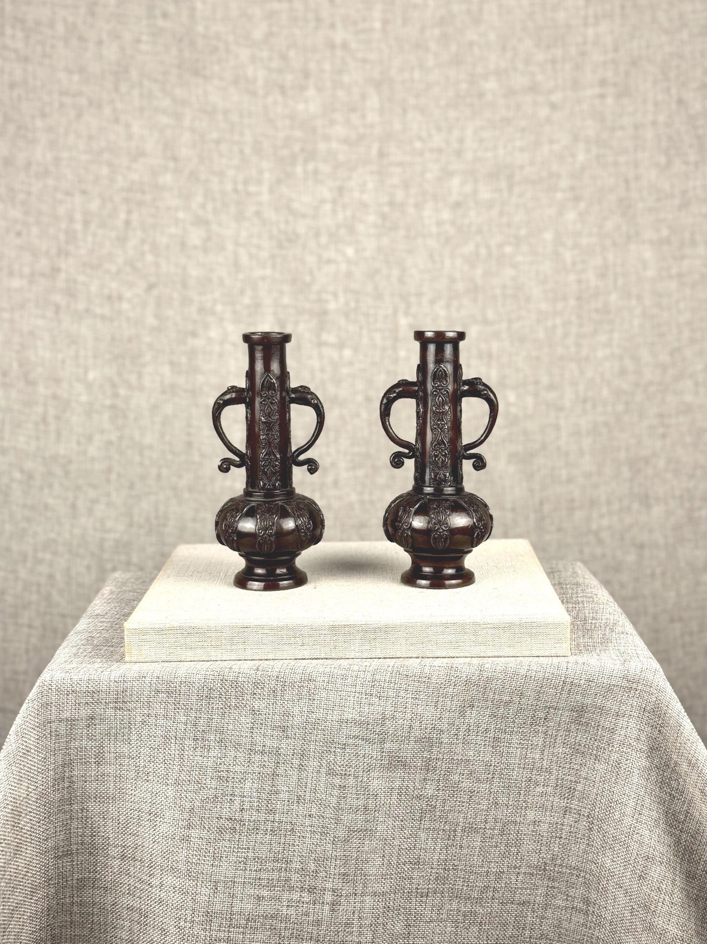 Vintage Bronze Urn Vases | Ornate Cast Metal Pair, 1950s