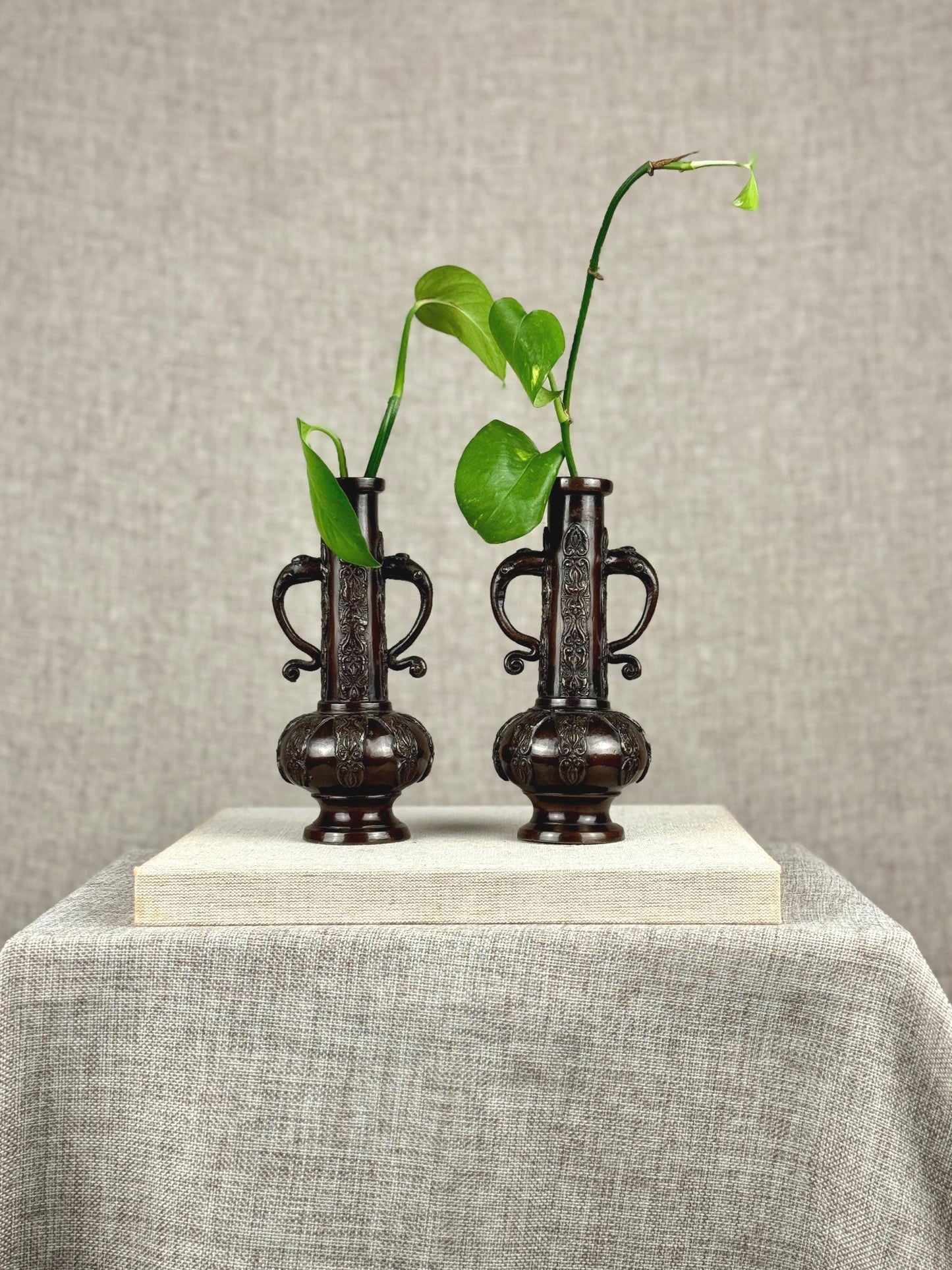 Vintage Bronze Urn Vases | Ornate Cast Metal Pair, 1950s