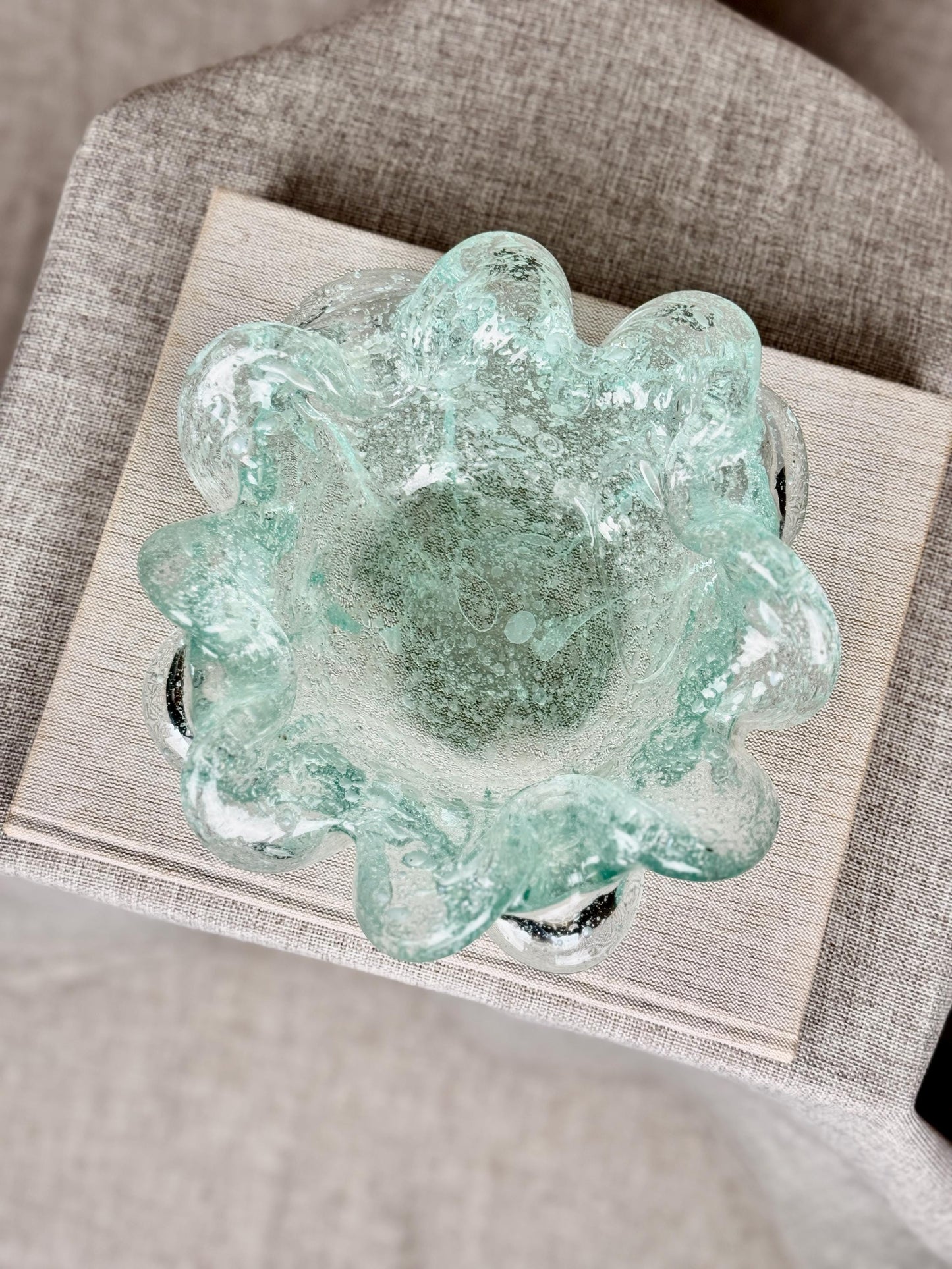 Vintage Murano Art Glass Bowl | Aqua Bullicante Glass Dish | Sculptural Bowl | Mid Century Murano Glass