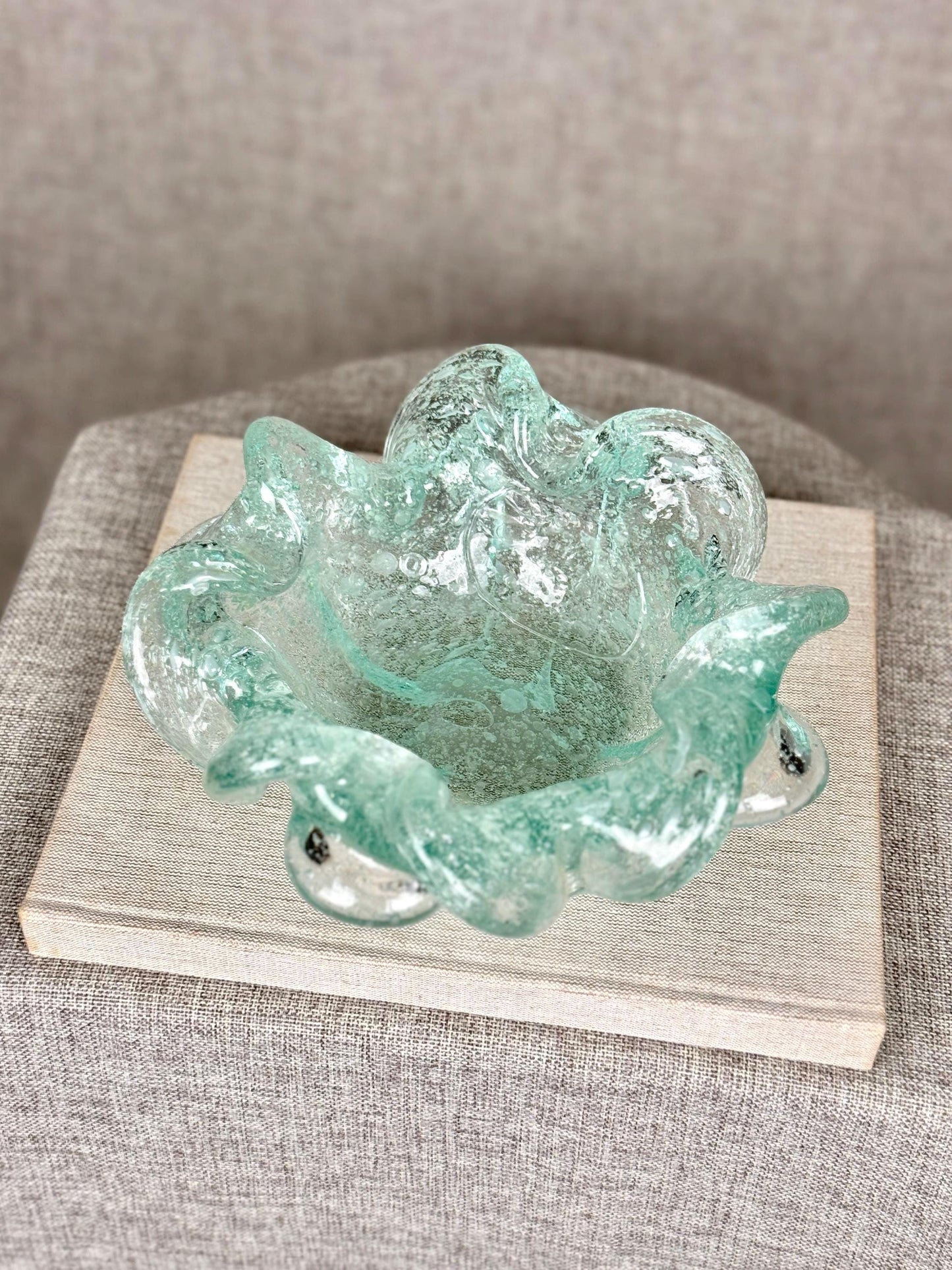 Vintage Murano Art Glass Bowl | Aqua Bullicante Glass Dish | Sculptural Bowl | Mid Century Murano Glass