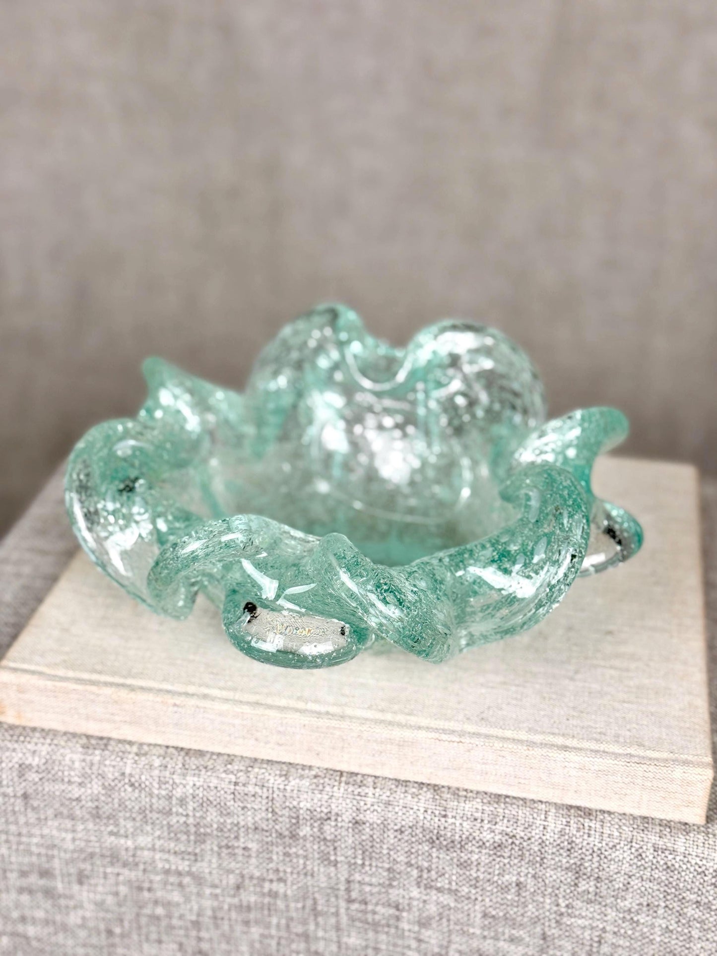 Vintage Murano Art Glass Bowl | Aqua Bullicante Glass Dish | Sculptural Bowl | Mid Century Murano Glass