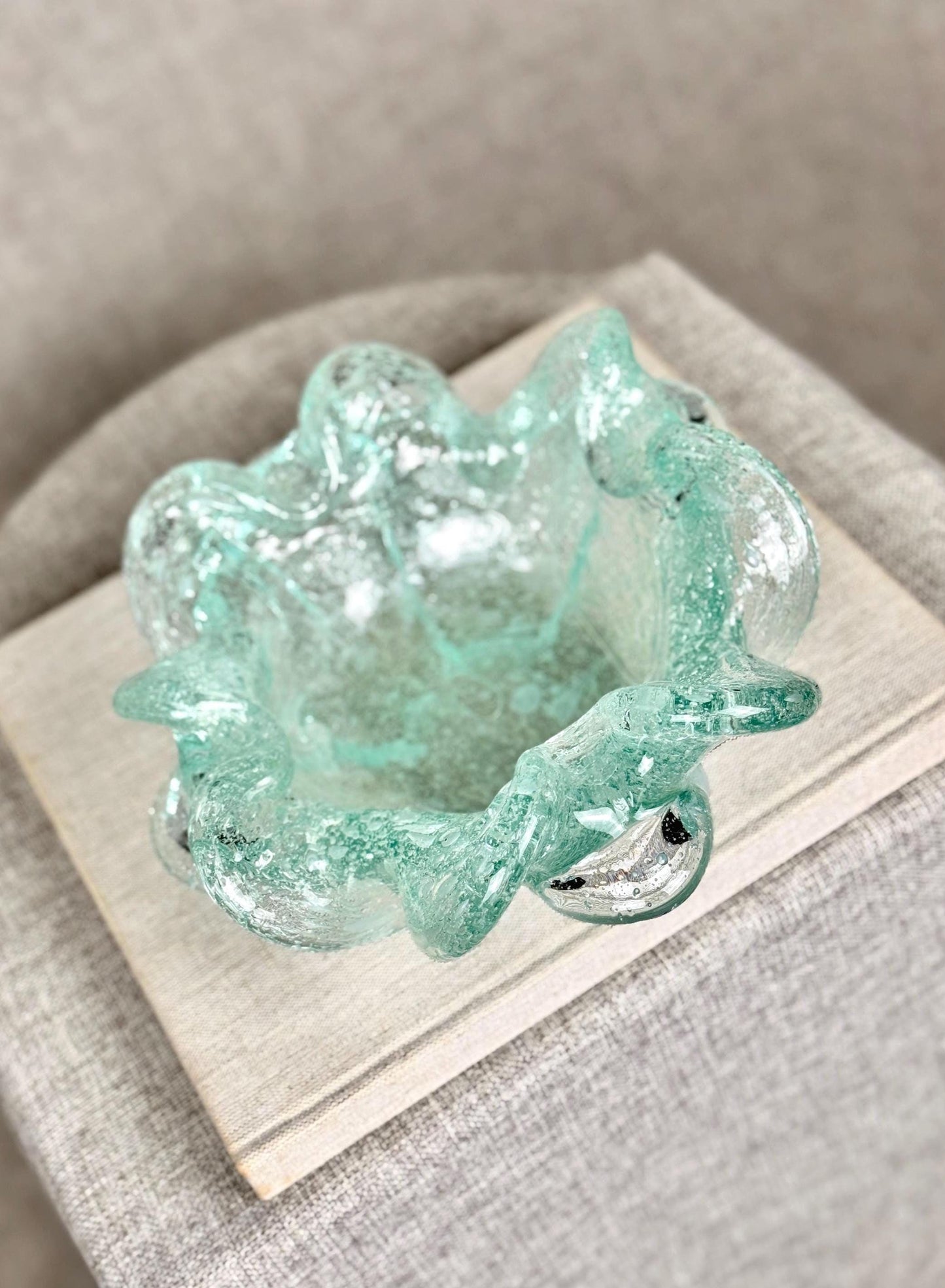 Vintage Murano Art Glass Bowl | Aqua Bullicante Glass Dish | Sculptural Bowl | Mid Century Murano Glass