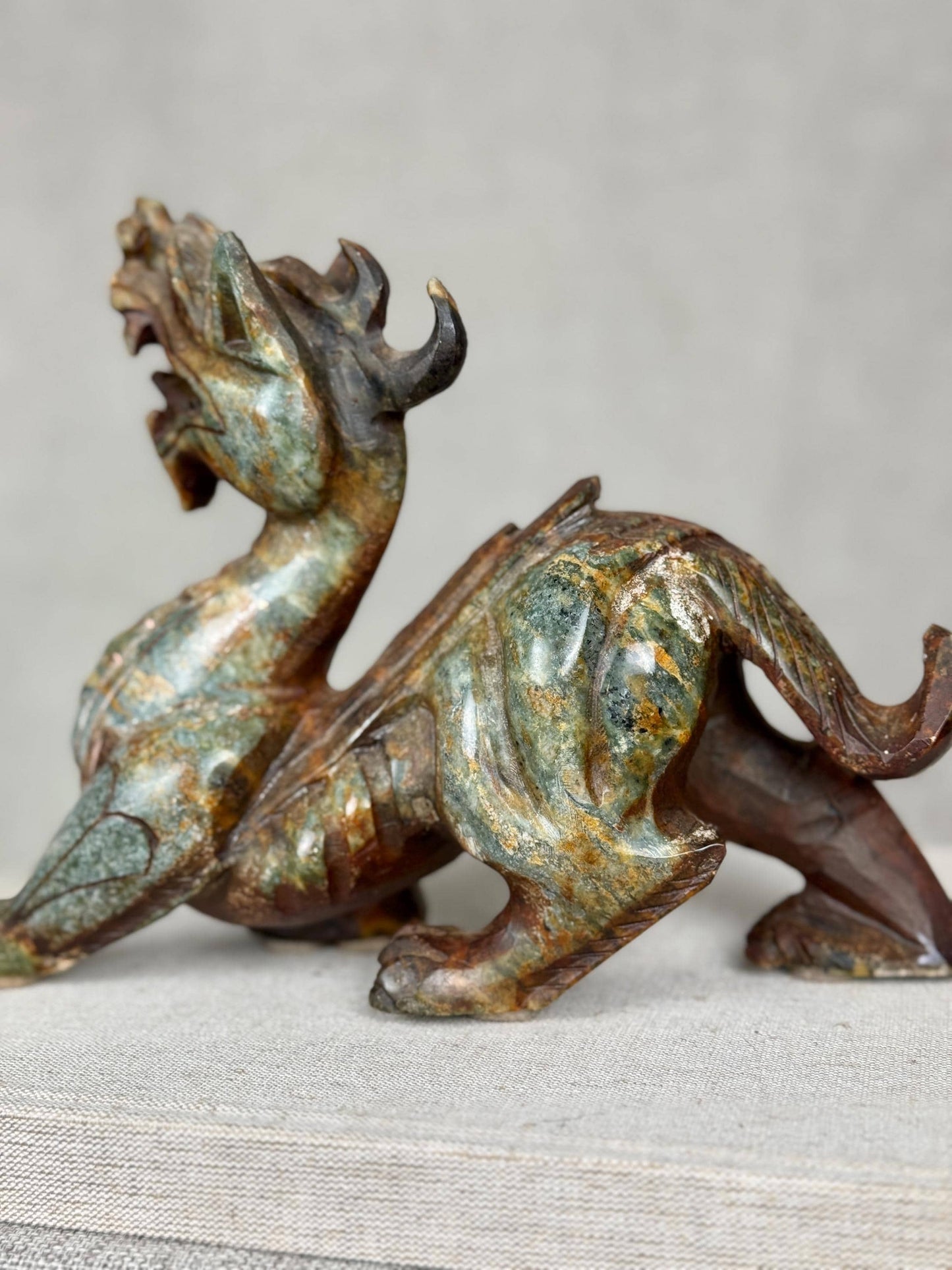Chinese Dragon Sculpture | Serpentine Stone Dragon Carving | Vintage Asian Dragon Figurine