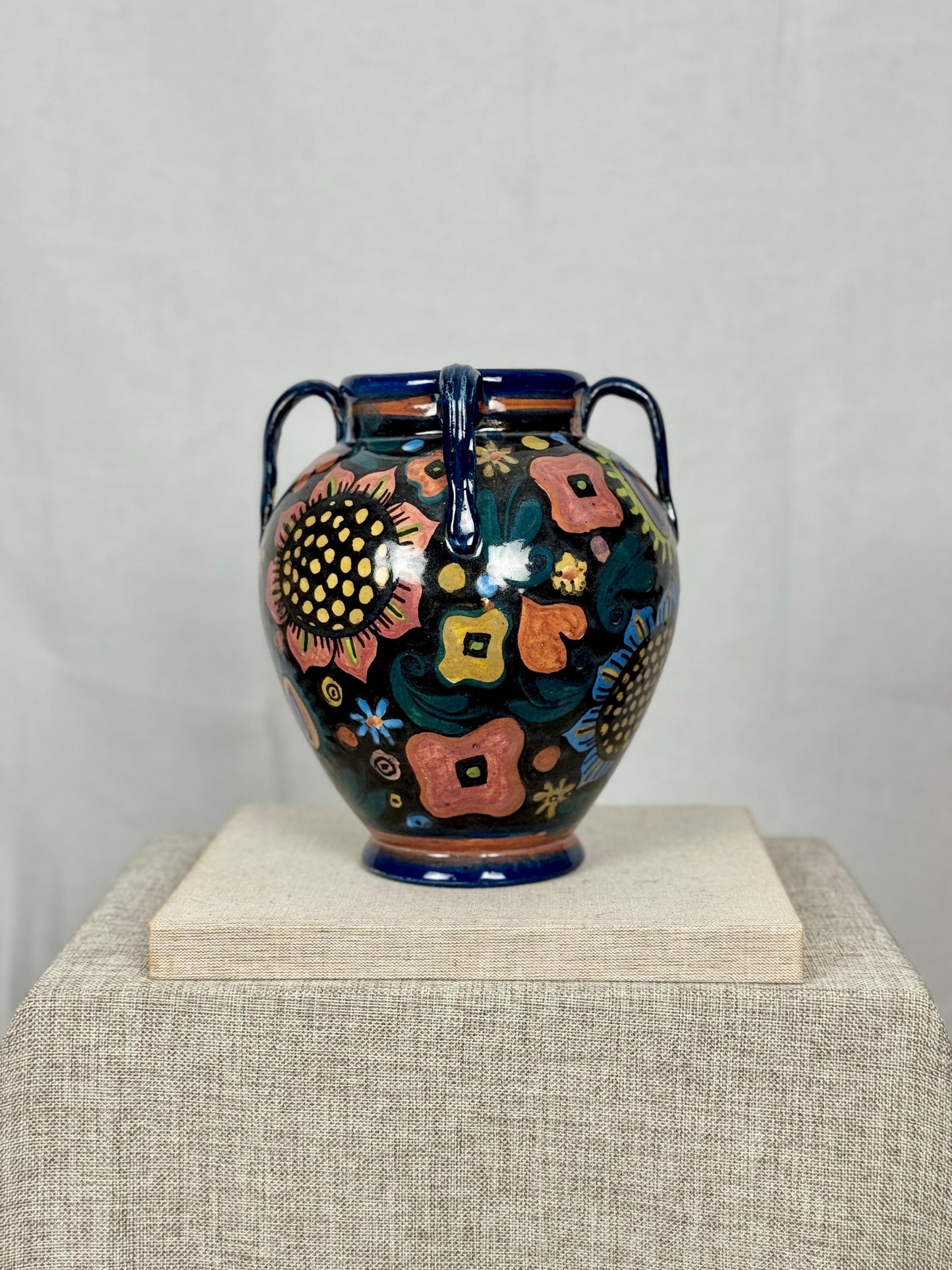 Vintage Hand Painted Ceramic Vase | Sculptural Floral Pottery | Double Handle Vase
