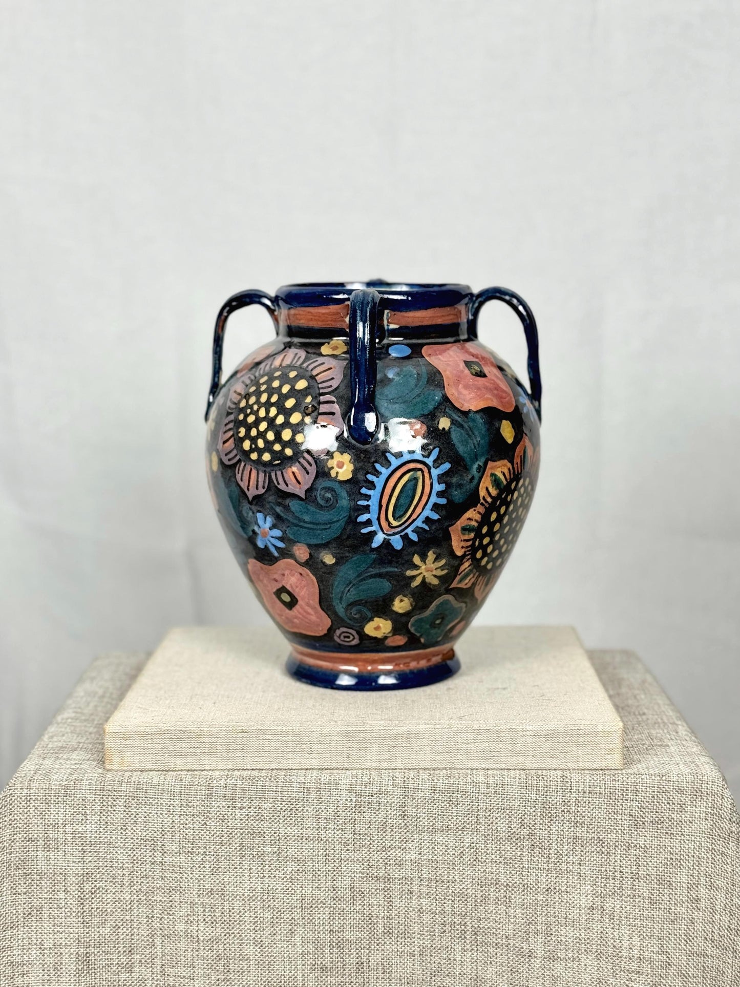 Vintage Hand Painted Ceramic Vase | Sculptural Floral Pottery | Double Handle Vase