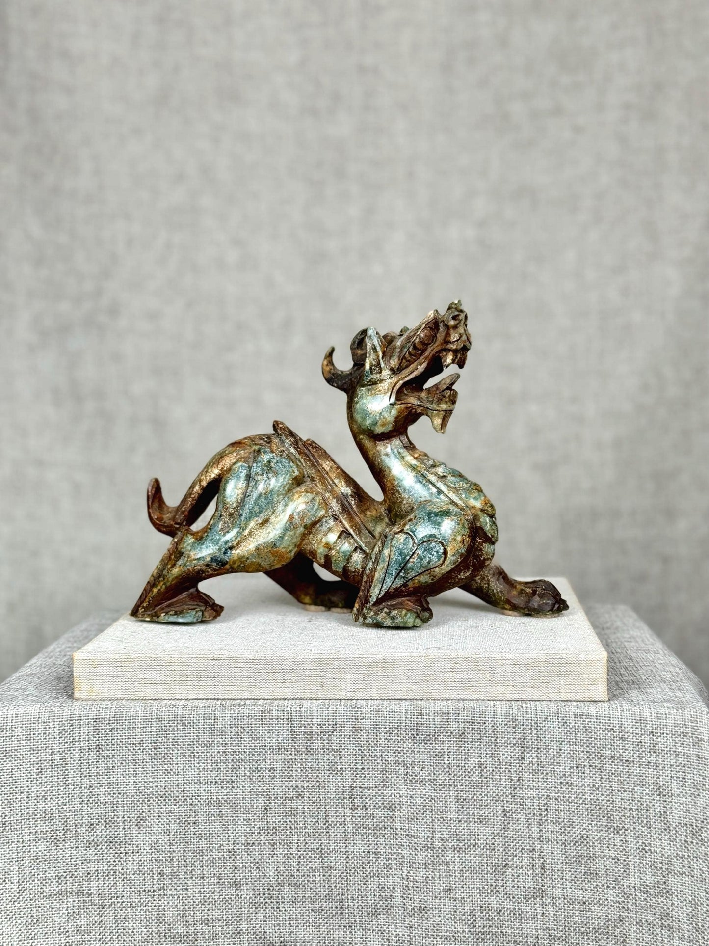 Chinese Dragon Sculpture | Serpentine Stone Dragon Carving | Vintage Asian Dragon Figurine