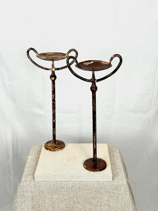 Hand-Forged Wrought Iron Candle Holder Pair