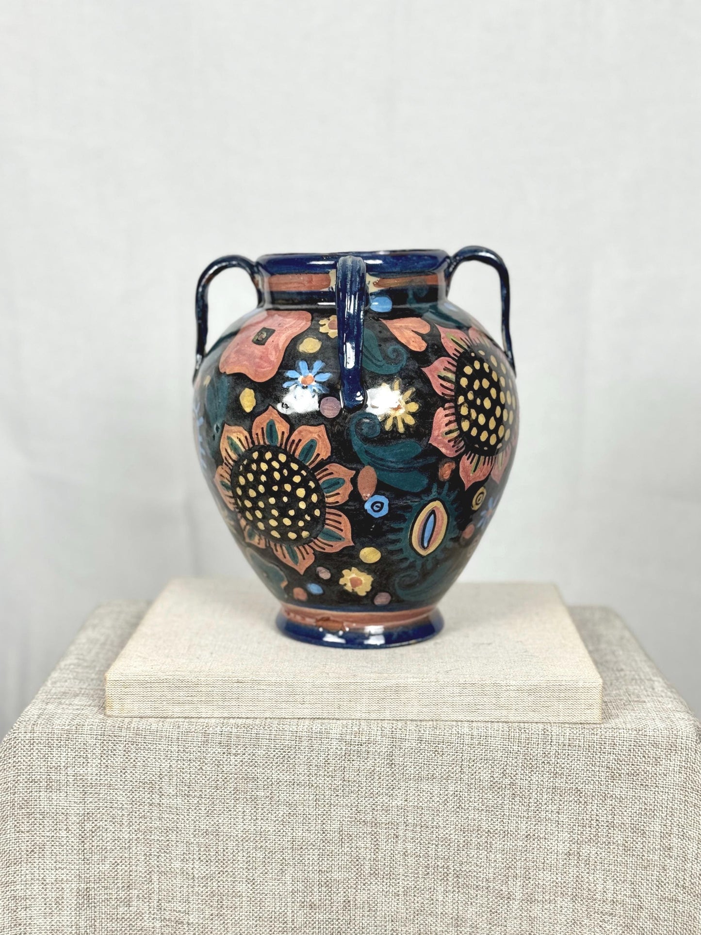 Vintage Hand Painted Ceramic Vase | Sculptural Floral Pottery | Double Handle Vase