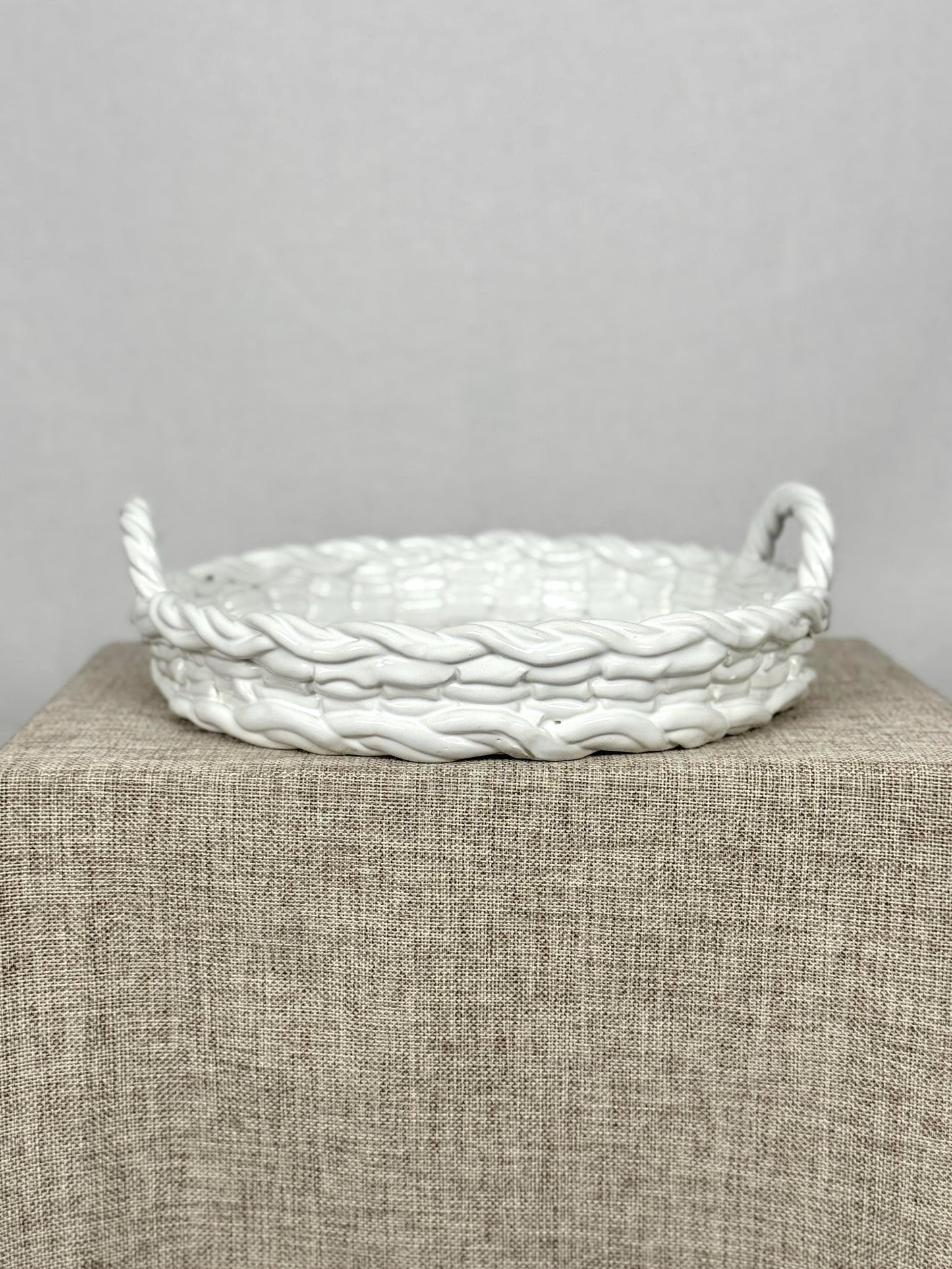 Vintage Italian Ceramic Basket Tray | White Woven Pottery Tray | Italian Lattice Dish